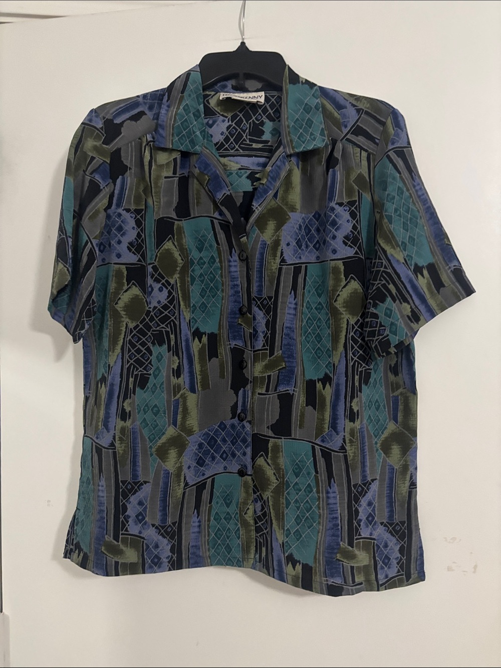 Vintage Abstract Print Short Sleeve Button-Down Shirt in Blue & Green